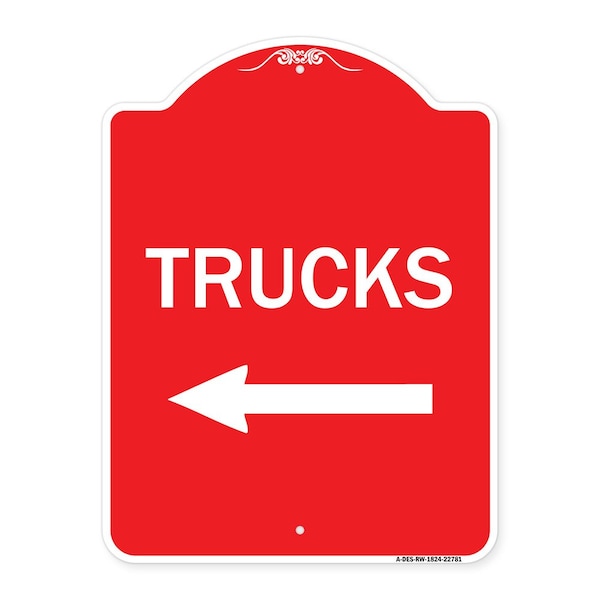 Trucks Sign Trucks W/ Left Arrow, Red & White Aluminum Architectural Sign, 18" x 24", RW-1824-22781
